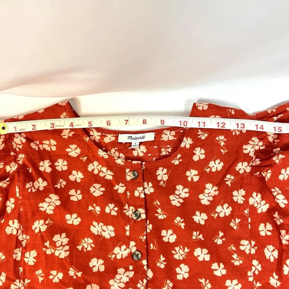 Madewell Puff-Sleeve Button-Front Top Womens Small Swiss Dot Happy Hibiscus